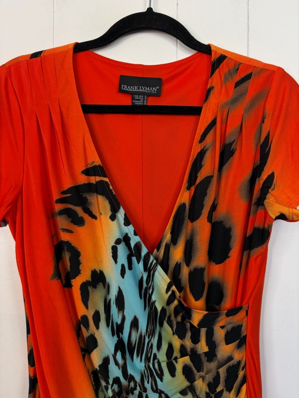 Frank Lyman Design Dress Size 10 Animal Print Ruched Faux Wrap Knee Length Midi - Picture 6 of 13